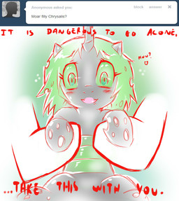 blush fangs female feral green_eyes horn looking_at_viewer simple_background solo teeth text tongue white_background young young_feral cold-blooded-twilight friendship_is_magic hasbro my_little_pony tumblr queen_chrysalis_(mlp) arthropod changeling_(mlp) equid mammal english_text hi_res source_request