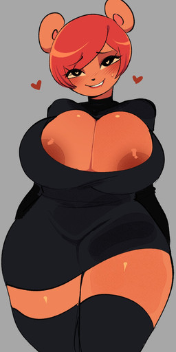 anthro areola areola_slip big_breasts biped bite biting_lip biting_own_lip black_clothing black_dress black_eyebrows black_eyes black_legwear black_nose black_thigh_highs blush blush_lines bodily_fluids breasts brown_areola cleavage cleavage_cutout cleavage_overflow clothed clothed_anthro clothed_female clothing crotch_lines curvy_figure cutout dress eye_through_hair eyebrow_through_hair eyebrows eyelashes eyelashes_through_hair female female_anthro front_view glistening glistening_breasts glistening_hair glistening_thighs grey_background hair heart_eyes heart_symbol legwear looking_at_viewer narrowed_eyes round_ears self_bite short_hair simple_background smile smiling_at_viewer solo standing sweat sweatdrop thick_thighs thigh_highs tight_clothing tight_dress translucent translucent_hair dvampiresmile anna_(dvampiresmile) bear mammal 2023 digital_drawing_(artwork) digital_media_(artwork) hi_res portrait three-quarter_portrait