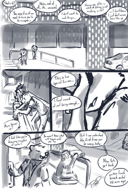 anthro building car clothed clothing dialogue duo male nonchalant outside talking_to_another tense text vehicle worried ravid_anml joey_adelis_(ravid_anml) tobias_hecaucatl_(ravid_anml) american_opossum domestic_ferret mammal marsupial mustelid musteline true_musteline weasel absurd_res comic english_text hi_res