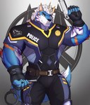 5_fingers anthro blue_body blue_fur claws countershade_face countershade_fur countershading fingers fur horn inner_ear_fluff male muscular muscular_anthro muscular_male solo tail tuft krowndconvz lugerdius canid canine canis mammal wolf hi_res