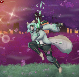 accessory action_pose anthro armor athletic athletic_female barefoot belt belt_pouch big_breasts bomb bottomwear breasts claws clothing coat emerald_(gem) explosives eye_markings fantasy feet female fingerless_gloves fluffy forest forest_background freckles fur gem gloves grass green_clothing green_hair hair handwear headband highlights_(coloring) inner_ear_fluff lens_flare looking_at_viewer magic markings melee_weapon midriff motion_lines nails nature nature_background navel neck_tuft pants pawpads petals plant pose ring running short_hair shrub sleeves smile solo sword tan_body tan_fur toe_claws topwear tree tuft weapon wind yellow_eyes stylish_apollo heart_of_the_lands ithaca_juneia canid canine canis coyote mammal hi_res