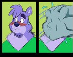 anthro beard blue_nose blush bodily_fluids clothed clothed_male clothing embarrassed facial_hair fur goatee humor male purple_body purple_fur solo sweat sweatdrop towel water wet wet_towel awesomecakester cody_(themadcatter) bear mammal hi_res reaction_image