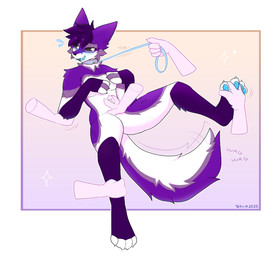 anthro arm_grab black_sclera blue_blush blue_leash blue_mouth blue_pawpads blue_tongue blush bodily_fluids claws collar disembodied_hand flustered fur gradient_background leash leash_pull leg_grab male paw_grab pawpads petting pink_paws purple_body purple_fur purple_tail simple_background smile sweat sweatdrop tail tail_motion tailwag tongue white_body white_claws white_eyes white_fur white_paws tetrifur aethar_(aethar_wolf) canid canine canis mammal wolf absurd_res hi_res