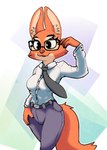 adjusting_glasses anthro belt bottomwear clothing dress_shirt eyebrow_piercing eyewear facial_piercing female glasses necktie pants piercing shirt simple_background smile solo tail topwear viofsa dreamworks the_bad_guys diane_foxington canid canine fox mammal 2024 digital_media_(artwork) hi_res