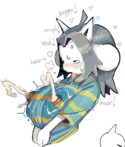 anthro areola big_areola big_breasts big_nipples blue_clothing blue_shirt blue_topwear blush bodily_fluids breast_expansion breasts breath clothing drooling expansion fangs female grey_hair hair half-closed_eyes heart_symbol holding_breast huge_areola huge_breasts huge_nipples lactating lactating_through_clothing milk moan motion_lines narrowed_eyes nipples panting paws saliva shirt simple_background solo sweat teeth text tongue tongue_out topwear wet wet_clothing white_body anonymous_artist undertale undertale_(series) temmie_(undertale) tem