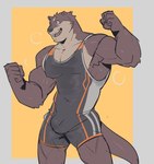 anime_style anthro armpit_hair biceps big_pecs bodily_fluids body_hair brown_body brown_fur bulge cheering clothing deltoids flexing flexing_bicep flexing_both_biceps flexing_muscles fur male muscular muscular_male musk pecs simple_background solo standing sweat triceps wet wet_clothing wrestler wrestling_singlet p0sporo mammal mustelid otter