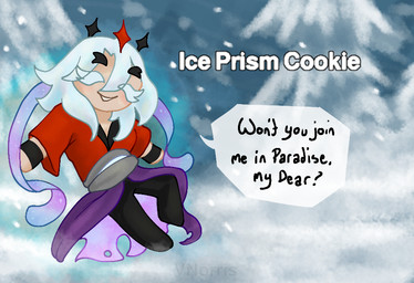 black_eyebrows black_legs black_text clothing cookie eyebrows eyes_closed food gloves hair handwear male purple_clothing red_clothing smile snow snowing solo text white_hair puppetmaster13uwu cookie_run demon_slayer kimetsu_no_yaiba doma_(demon_slayer) cookie_(cookie_run) demon food_creature humanoid