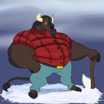 anthro axe clothing felling_axe male melee_weapon overweight overweight_anthro overweight_male solo weapon bluezgooz bison bovid bovine mammal 1:1 hi_res