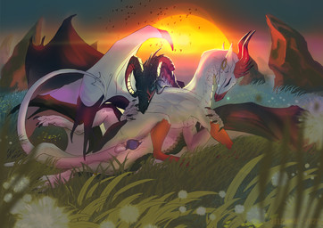 balls broken_horn claws duo ear_fins ear_piercing female female_feral feral feral_on_feral fin genitals horn male male/female male_feral penetration penis piercing scales sex sunset vaginal vaginal_penetration white_body white_scales wings velannal mythology kanapae_(lupinator) siela_(velannal) dragon mythological_creature mythological_scalie scalie