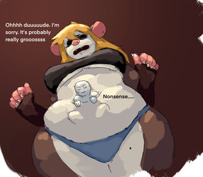 5_fingers ambiguous_gender anthro apology big_breasts blonde_hair blue_sclera breasts brown_background brown_body brown_fur clothed clothing colored_nails crop_top dialogue duo eyes_closed fangs female female/ambiguous fingers fur grey_body grey_skin hair in_pouch long_hair low-angle_view micro mole_on_leg multicolored_body multicolored_fur nails panties pouch_(anatomy) shirt simple_background sitting size_difference slightly_chubby standing teeth text thick_thighs topwear under_boob underwear white_body white_fur white_nails wide_hips worm's-eye_view redustheriotact anon lacey_(lorepaw) american_opossum humanoid mammal marsupial 2026 english_text hi_res sketch