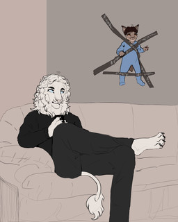 age_difference alternate_species ambiguous_anthro ambiguous_gender anthro bad_parenting barefoot black_bottomwear black_clothing black_hair black_pants black_shirt black_topwear blue_eyes blue_onesie bottomwear brown_body brown_fur clothed clothing duct_tape duo feet fully_clothed fur furniture furrification hair hindpaw looking_down male male_anthro mane neonate older_male on_sofa onesie pants paws pink_nose shirt short_hair sitting sitting_on_sofa snout sofa tail tail_tuft tape topwear tuft whisker_spots white_body white_fur white_mane young young_ambiguous young_anthro younger_ambiguous chorny_vasiliok baby_taped_to_wall the_hunger_games coriolanus_snow fan_character caracal caracal_(genus) felid feline hybrid lion mammal pantherine 2024 4:5 digital_drawing_(artwork) digital_media_(artwork) flat_colors hi_res meme daughter_(lore) father_(lore) father_and_child_(lore) father_and_daughter_(lore) female_(lore) parent_(lore) parent_and_child_(lore) parent_and_daughter_(lore)