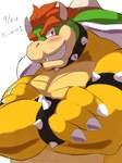 anthro armband blush bracelet claws collar crossed_arms eyebrows hair heart_symbol horn jewelry looking_at_viewer male muscular muscular_anthro muscular_male shell simple_background smile solo spiked_armband spiked_bracelet spiked_collar spiked_shell spikes spikes_(anatomy) teeth text text_with_heart white_background yoshizaurusu_n bowser_day mario_bros nintendo bowser koopa scalie 2018 3:4 dated half-length_portrait hi_res japanese_text portrait translated