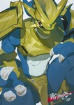 anthro armor blue_body claws gold_(metal) gold_armor male midriff red_eyes solo wttao0213 bandai_namco digimon digimon_(species) magnamon scalie absurd_res hi_res