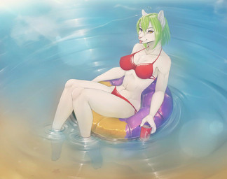 4_toes ahoge anthro beverage beverage_can big_breasts bikini blep breasts can chest_tuft claws clothed clothing container day feet female finger_claws fur green_hair hair heart_ahoge heterochromia holding_beverage holding_can holding_container holding_object inflatable inner_tube lens_flare looking_at_viewer navel outside partially_submerged pool_float purple_eyes sea short_hair solo swimwear toe_claws toes tongue tongue_out tuft two-piece_swimsuit underwear water whiskers white_body white_fur yellow_eyes dafka iris_wolfhart_(chioro) felid mammal 2017 signature