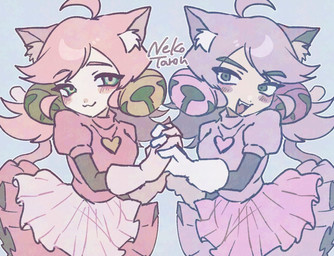 ahoge animal_ears blush bottomwear clothed clothed_female clothed_humanoid clothing duo female female/female fully_clothed fully_clothed_female fully_clothed_humanoid gloves hair hair_bell hand_holding handwear heart_necklace inner_ear_fluff interlocked_fingers looking_at_viewer pink_clothing pink_hair pink_topwear purple_body purple_clothing purple_hair skirt tail topwear tuft white_clothing white_gloves white_handwear nekotarou undertale_(series) irritable_ghost_(deltarune) mew_mew_(undertale) pink_(deltarune) animal_humanoid cat_humanoid felid felid_humanoid feline feline_humanoid humanoid mammal mammal_humanoid 2026