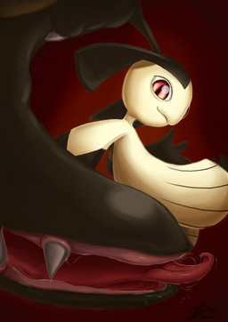 ambiguous_gender bodily_fluids looking_at_viewer pupils red_background red_eyes saliva sharp_teeth simple_background slit_pupils solo teeth tongue tongue_out yellow_body lordzaix nintendo pokemon generation_3_pokemon humanoid mawile pokemon_(species) 2015 absurd_res digital_media_(artwork) hi_res signature