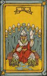 anthro beak breasts card card_template claws clothed clothing cups_(tarot) egg feathers female fortune_telling holding_object looking_at_viewer minor_arcana nine_of_cups_(tarot) non-mammal_breasts roman_numeral simple_background sitting smile solo tarot tarot_card musorok avian bird chicken galliform gallus_(genus) phasianid digital_media_(artwork)