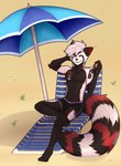 anthro beach beach_chair beach_umbrella biped black_body black_fur black_nose chair crossed_legs eyewear fur furniture male on_chair one_eye_closed parasol red_body red_fur sitting sitting_on_chair solo sunglasses white_body white_fur hypohate ester_(theoneester) ailurid mammal red_panda hi_res