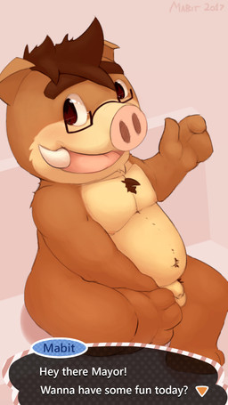 anthro anthrofied balls biped dialogue eyewear flaccid genitals glasses gui header header_box inviting male navel nude open_mouth penis sitting slightly_chubby smile solo talking_to_viewer text text_header tusks conditional_dnp mabit animal_crossing nintendo mammal suid suine sus_(pig) wild_boar 9:16 english_text hi_res