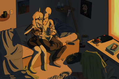 5_fingers ahoge anthro apartment bald bed beverage_can black_eyes blonde_hair blue_clothing blue_hoodie blue_topwear book broom bucket chinese_food chopsticks cleaning_tool clothed clothing condom container detailed_background duo eyelashes female fingers food footwear freckled_face freckled_shoulders freckled_tail freckles furniture green_clothing green_jacket green_topwear hair hoodie human_on_anthro interspecies jacket light-skinned_male light_body light_skin long_hair long_tail male male/female male_human noodles off_shoulder on_bed open_mouth open_smile panties poster_(object) scales sexual_barrier_device shirt sitting smile snout socks tail tail_around_arm tank_top topwear underwear white_body white_clothing white_panties white_scales white_shirt white_tank_top white_topwear white_underwear yellow_sclera purplekatsnek cavemanon_studios snoot_game anon_(snoot_game) judee dinosaur human mammal prehistoric_species reptile saurischian scalie theropod troodon troodontid 2024 3:2 digital_drawing_(artwork) digital_media_(artwork)