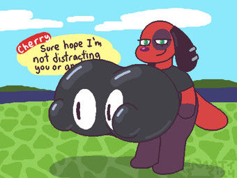 anthro big_breasts bouncing_breasts breasts clothing ear_piercing female gloves_(marking) green_eyes half-closed_eyes huge_breasts hyper hyper_breasts looking_at_viewer markings multicolored_body narrowed_eyes nipple_outline open_mouth piercing shirt solo speech_bubble text topwear two_tone_body mattthetooncat animal_crossing nintendo cherry_(animal_crossing) canid canine canis domestic_dog mammal 2d_animation aliasing animated digital_media_(artwork) english_text frame_by_frame hi_res loop