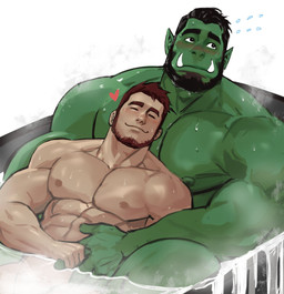 5_fingers bathtub beard big_muscles black_hair blush brown_hair duo eyebrows eyes_closed facial_hair fingers green_body green_nipples green_skin hair humanoid_hands humanoid_pointy_ears male male/male muscular muscular_humanoid muscular_male nipples not_furry nude pointy_ears size_difference thick_eyebrows tusks dopq human humanoid mammal orc 2020 hi_res