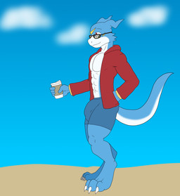 anthro beach big_bulge bottomwear bulge clothed clothing coffee_cup container cup detailed_bulge eyewear glasses hand_in_pocket holding_coffee_cup holding_container holding_cup holding_object hoodie huge_bulge leggings legwear male open_clothing open_hoodie open_topwear paws pockets public revealing_outfit seductive shorts skimpy smile solo sunglasses tight_bottomwear tight_bulges tight_clothing tight_shorts tight_underwear topwear underwear flameyverdantfire bandai_namco digimon ceasar_(samagthrav2) digimon_(species) flamedramon absurd_res hi_res