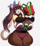 accessory anthro armwear big_breasts blush bow_ribbon breasts brown_hair christmas_clothing clothed clothing curvy_figure cute_fangs elbow_gloves eyebrow_through_hair eyebrows fangs female fingers fur gift gloves green_eyes hair hair_accessory hair_bow hair_ribbon handwear holidays huge_breasts legwear long_hair looking_at_viewer multicolored_body multicolored_fur open_mouth pantyhose ponytail ribbons sitting slightly_chubby solo tail tan_body tan_fur tan_tail teeth thick_thighs tongue translucent translucent_clothing translucent_hair two_tone_body two_tone_fur voluptuous wide_hips inu-sama christmas nana_(whooo-ya) domestic_cat felid feline felis mammal 2024 absurd_res hi_res