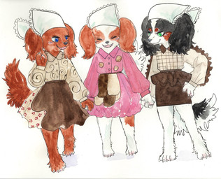 alternative_fashion anthro barefoot black_body black_fur blue_eyes blush bottomwear brown_body brown_fur claws clothed clothing dress eyes_closed feet female floppy_ears fur green_eyes group hand_holding headgear headwear kerchief multicolored_body multicolored_fur open_mouth open_smile simple_background skirt smile standing tail toe_claws toes topwear trio two_tone_body two_tone_fur white_background white_body white_fur kyokyota bird_dog canid canine canis cavalier_king_charles_spaniel domestic_dog hunting_dog mammal spaniel toy_dog 2017 hi_res painting_(artwork) traditional_media_(artwork) watercolor_(artwork)