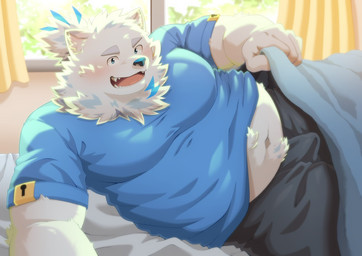 anthro bed bedding blanket blue_nose blush bottomwear bulge clothing detailed_background erection erection_under_clothing furniture inside kemono male morning_wood open_mouth overweight overweight_male pants smile solo homohomofever lifewonders live_a_hero yohack canid canine canis domestic_dog mammal 2024 hi_res