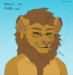 anthro cigarette ear_piercing ear_tag eyewear fur gaze glasses hair male mane piercing simple_background solo standing text thathornycat diego_(capitoline_ranch) felid feline lion mammal pantherine colored hi_res sketch