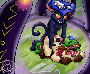 anthro big_butt black_body black_fur butt clothing doggystyle duo forest from_behind_position fur gloves handwear hat headgear headwear hot_dogging male male/male nude penetration plant sex tan_body tan_fur tree raccon_candy league_of_legends riot_games tencent teemo_(lol) veigar yordle