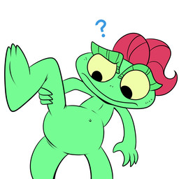 anthro bent_leg female flat_chested green_body green_scales hair looking_down navel nude pink_hair question_mark raised_leg scales simple_background solo white_background yellow_sclera young young_anthro young_female 4chan_anon unknown_artist dreamworks lizzie_green_(dreamworks) lizard reptile scalie 1:1