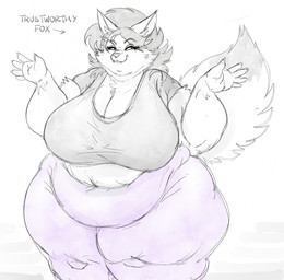 anthro big_breasts bottomwear breasts clothing female hair hands_up huge_breasts long_hair midriff morbidly_obese morbidly_obese_anthro morbidly_obese_female navel obese obese_anthro obese_female overweight overweight_anthro overweight_female pants shirt smile solo t-shirt text thick_arms thick_thighs topwear ryoxxl suzie_(ryoxxl) canid canine fox mammal english_text hi_res
