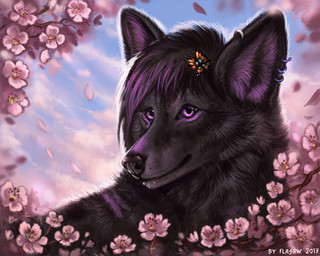ambiguous_gender black_body black_fur black_lips black_nose cloud day detailed_background detailed_fur ear_piercing facial_piercing feral flower fur hair inner_ear_fluff light lips long_mouth looking_at_viewer markings orange_wings outside piercing pink_flower plant purple_body purple_eyes purple_fur purple_hair purple_markings purple_stripes shadow side_view sky smile snout solo striped_body striped_fur stripes sunlight tuft whiskers wind wings flashw todma_sythe_(todma) arthropod butterfly canid canine insect lepidopteran mammal 2017 detailed digital_media_(artwork) digital_painting_(artwork) painting_(artwork)