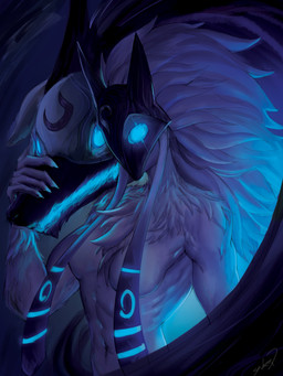 abs anthro blue_eyes blue_nails breast_curtains breasts chest_tuft colored_nails deltoids dipstick_ears duo ear_markings female floating_head_creature fur glowing glowing_eyes hand_on_snout long_nails male mask multicolored_ears muscular muscular_anthro muscular_female nails naturally_censored navel purple_body purple_fur serratus slim small_breasts small_waist standing tuft white_body white_fur styles_q league_of_legends riot_games tencent kindred_(lol) lamb_(lol) wolf_(lol) bovid canid canine canis caprine mammal sheep wolf 2022 3:4 digital_media_(artwork) digital_painting_(artwork) hi_res painting_(artwork) signature