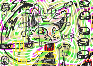 :< abstract_art abstract_background ambiguous_gender ball_of_yarn canned_food collar feral food solo surrealism yarn naircat aquatic domestic_cat felid feline felis fish mammal 2017 colorful_theme digital_drawing_(artwork) digital_media_(artwork) microsoft_paint_(artwork)