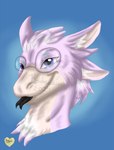 ambiguous_gender anthro blep blue_background eyewear feathers fur glasses male pink_body pink_fur purple_eyes sharp_teeth simple_background smile solo teeth tongue tongue_out koudoawaiavortex kerolink avali avian digital_media_(artwork) headshot_portrait hi_res portrait signature