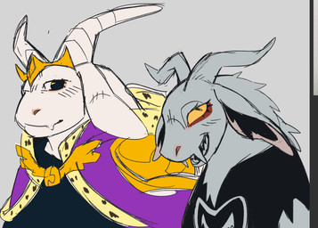 ambiguous_gender anthro big_eyes clothing crown duo fangs flesh_fang floppy_ears fur grey_body grey_fur headgear horn long_ears looking_at_another looking_at_viewer pupils robe sharp_teeth simple_background small_pupils teeth torn_clothing white_body white_fur cabbitdork toriel_(underfell) toriel_(underswap) bovid caprine goat mammal digital_drawing_(artwork) digital_media_(artwork)