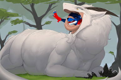 anthro bulge duo feral forest fur grass horn implied_permanent lying male male/male oral_vore plant swallowing tongue tongue_on_face tree vore white_body white_fur kasdal mythology eizokushi_(shiretsuna) dragon furred_dragon furred_scalie mythological_creature mythological_scalie scalie hi_res