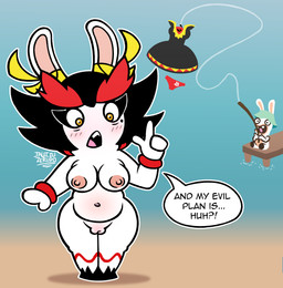 accident accidental_exposure anthro areola beach bent_arm black_boots black_clothing black_dress black_footwear black_hair blush blush_lines boots breasts buckteeth clothing confusion curvy_figure dialogue dress duo ear_ribbon eyebrows eyelashes fangs female female_anthro fishing_rod footwear frown fur genitals gesture green_clothing green_hat green_headwear hair hand_gesture hat hat_only headgear headgear_only headwear headwear_only holding_fishing_rod holding_object long_ears looking_at_self male markings medium_breasts mitten_hands mole_(marking) mostly_nude mostly_nude_anthro mostly_nude_female navel nipples noseless open_frown open_mouth open_smile orange_eyes outline panties pier pink_tongue pointing red_clothing red_eyebrows red_hair red_panties red_underwear red_wristband ripples shoes short_hair sitting smile solo_focus speech_bubble standing tan_areola tan_nipples teeth text thick_eyebrows thick_thighs tongue underwear vulva water white_body white_fur white_outline yelling yellow_ribbon jaleczu mario_bros mario_plus_rabbids_sparks_of_hope nintendo raving_rabbids rayman_(series) ubisoft kanya_(mario_plus_rabbids) lagomorph mammal rabbid 2025 artist_name colored crossover digital_drawing_(artwork) digital_media_(artwork) english_description english_text hi_res shaded simple_shading