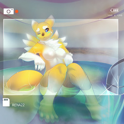 4_toes alternate_color anthro biped blue_eyes bodily_fluids breasts camera_view claws countershading feet female fur genitals hindpaw humanoid_genitalia humanoid_vulva naturally_censored nipple_tuft nude one_eye_closed paws recording solo sweat tail toe_claws toes tuft vulva water wet white_body white_fur yellow_body yellow_fur tsampikos bandai_namco digimon canid canine digimon_(species) mammal renamon 1:1 digital_media_(artwork) hi_res shaded