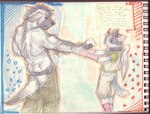 anthro canid canine canis chaps clothing collar domestic_cat duo feathered_wings feathers felid feline felis fingerless_gloves glamfur gloves handwear horn larger_male lyrics male mammal muscular muscular_male muse_(band) n_(artist) size_difference smaller_male tail wings wolf