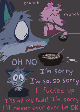 anthro apology black_clothing black_shirt black_t-shirt black_topwear blue_body blue_fur cereal clothing cutlery directional_arrow duo female food fur furniture holding_spoon kitchen_utensils male milk pink_body pink_fur sad shirt spoon t-shirt table text tools topwear demensa emil_(demensa) canid canine canis coyote domestic_dog mammal 2023 comic digital_media_(artwork) english_text hi_res pixel_(artwork)