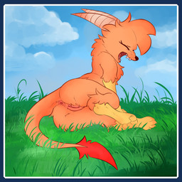 anus border cloud day eyes_closed female feral fur genitals grass_field horn lying_on_ground on_ground orange_body orange_fur sky solo tail transparent_border vulva waking_up yawning_position e.pao itka alebrije 1:1 absurd_res alpha_channel hi_res