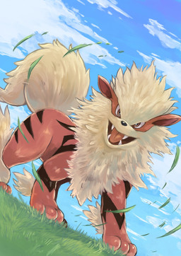 ambiguous_gender brown_eyes cloud detailed_background fangs feral fur grass leaf looking_at_viewer open_mouth outside plant sky solo teeth tongue wind tessy nintendo pokemon arcanine canid canine generation_1_pokemon mammal pokemon_(species) hi_res
