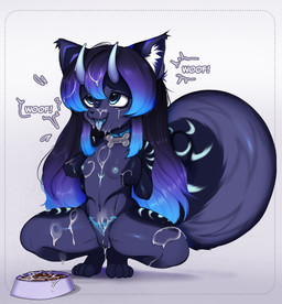 4_toes 5_fingers anthro areola barking bdsm begging begging_pose big_tail biped black_nose blue_areola blue_collar blue_eyes blue_markings blue_nipples blue_tongue bodily_fluids bowl breasts collar collar_only container cum cum_everywhere cum_in_food cum_in_vagina cum_inside cum_on_chest cum_on_hand cum_on_leg cum_on_tongue dog_pose dog_tags emanata feet female fingers fluffy fluffy_tail food food_bowl genital_fluids genitals glistening glistening_breasts glistening_thighs glowing glowing_markings gradient_hair gradient_horn hair heart_nose heart_symbol hip_dips horn inner_ear_fluff long_hair markings messy name_tag nipples nude nude_anthro nude_female open_mouth open_smile paw_pose pet_bowl pet_food petplay pose posed purple_arms purple_fingers purple_hair purple_hands purple_inner_ear purple_tail purple_text roleplay shadow small_breasts smile solo spread_legs spreading submissive submissive_female tail text thick_thighs toes tongue tongue_out tuft vulva white_inner_ear_fluff wide_hips womb_tattoo young young_anthro young_female bimbo4ka elayne_(kyacha) domestic_cat felid feline felis hybrid mammal absurd_res hi_res
