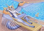 anthro breasts exposure_variation female nipples nude solo spread_wings swimming_pool tail wings justablank mythology yu-gi-oh! saffira_queen_of_dragons dragon duel_monster mythological_creature mythological_scalie scalie hi_res