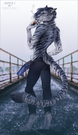 animal_genitalia animal_penis anthro barefoot big_penis biped black_body black_bottomwear black_claws black_clothing black_eyebrows black_fur black_nose black_pants black_pawpads black_penis black_stripes black_tail blue_body blue_fur blue_hair blue_penis blue_tail bodily_fluids bottomwear bridge butt cigarette claws clothed clothing digitigrade ear_piercing equine_genitalia equine_penis eyebrows fangs feet fur genital_fluids genitals grey_body grey_fur hair half-erect holding_cigarette holding_object long_tail looking_at_viewer looking_back looking_back_at_viewer male markings medial_ring mismatched_animal_penis mismatched_genitalia mismatched_penis multicolored_body multicolored_fur multicolored_penis multicolored_tail object_in_mouth open_bottomwear open_clothing open_pants outside pants pawpads paws penis piercing precum pupils rear_view slim slit_pupils smoke smoking solo standing striped_body striped_fur striped_markings striped_tail stripes tail tail_markings teeth text tight_clothing toe_claws topless two_tone_penis vein whisker_spots white_body white_fur white_tail yellow_eyes sheen-g felid mammal pantherine tiger 2019 digital_media_(artwork) english_text hi_res signature url