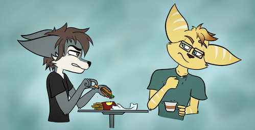 anthro beverage blue_eyes brown_eyes brown_hair burger clothing contempt cutlery duo eating food fork frown fur furniture hair kitchen_utensils male shirt t-shirt table tea teal_body teal_fur tools topwear yellow_body yellow_fur willitfit ratchet_and_clank sony_corporation sony_interactive_entertainment canid canine canis lombax mammal wolf hi_res